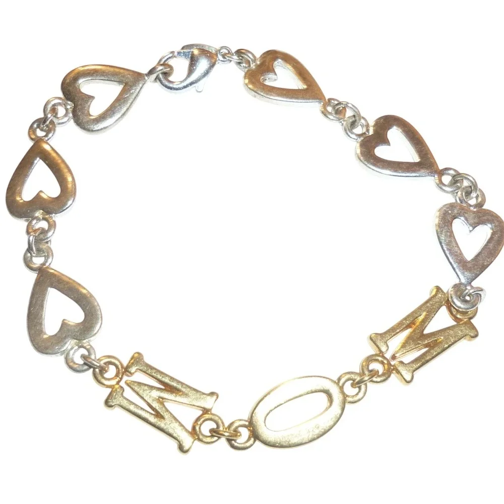 Two Tone Mom Heart Link Bracelet Silver Gold Tone Motherhood‎ Gift 7.5 Inch